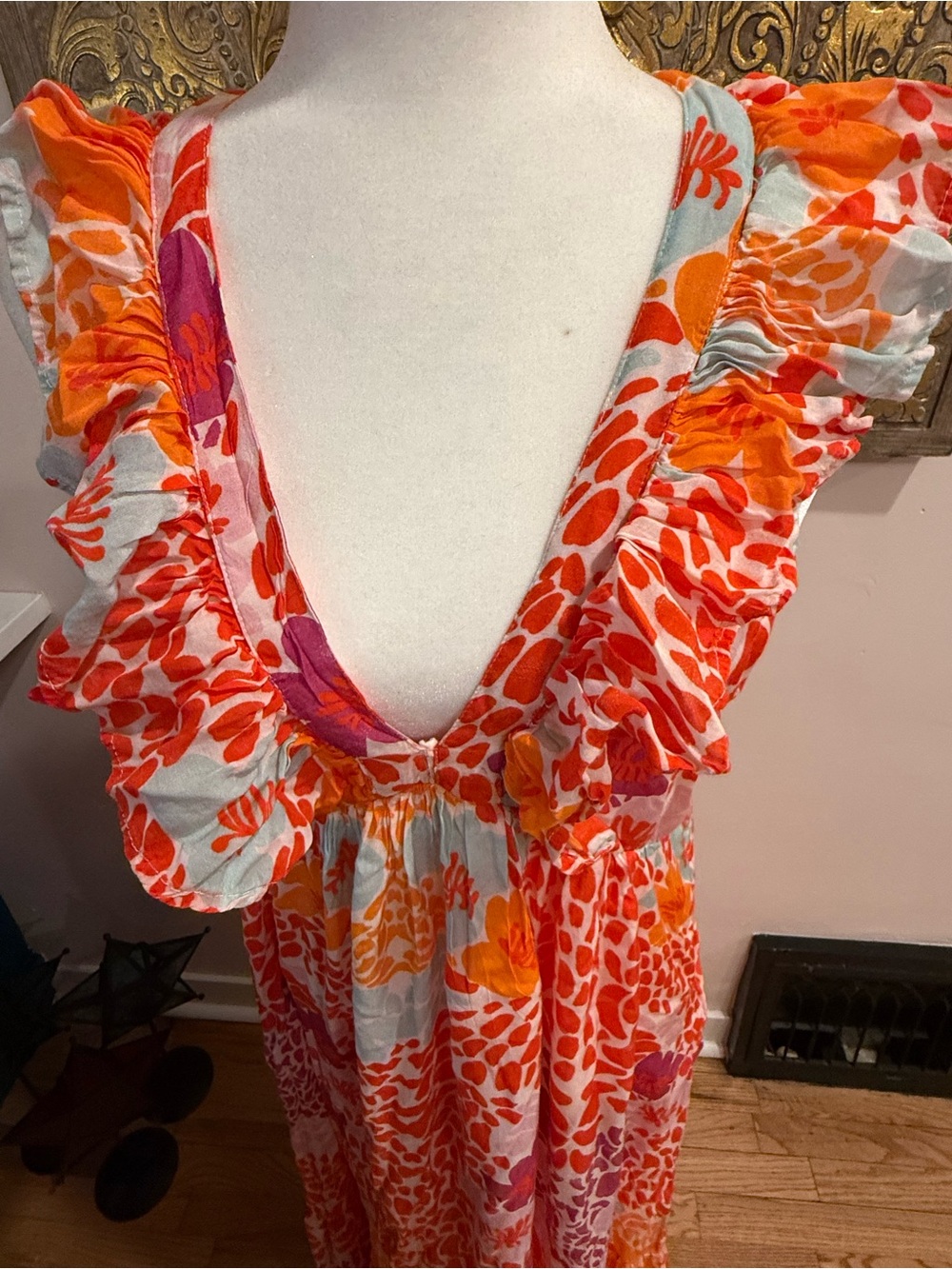 Oliphant Orange, Pink & White Floral Maxi Dress - Ruffle V-Neck - Picture 3 of 5